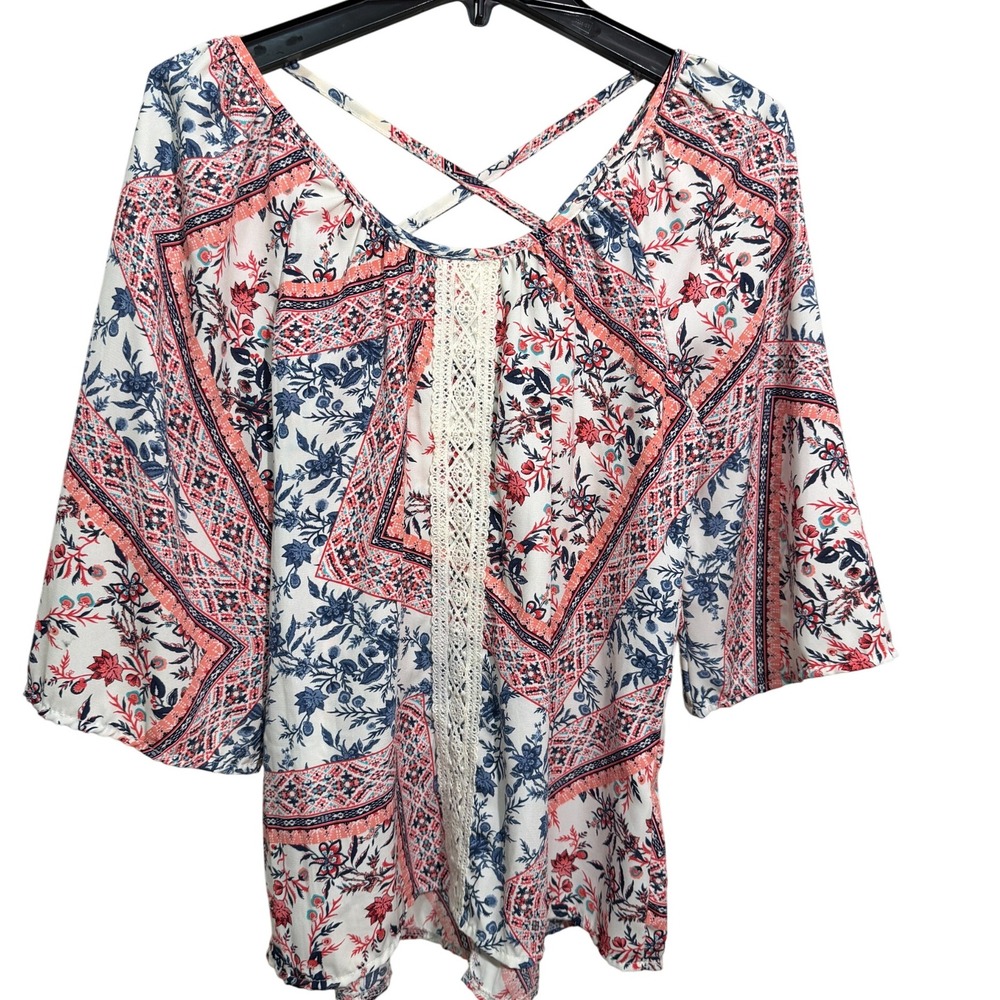 Sizzy Patchwork Floral Bell Sleeve Lace Trim Boho Tunic Top Womens Small